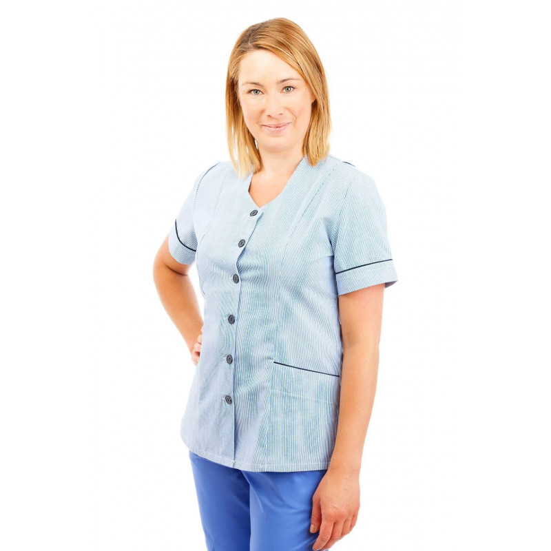 T03 Light Blue Pinstripe - Nurses Tunic Sweetheart Neckline T03