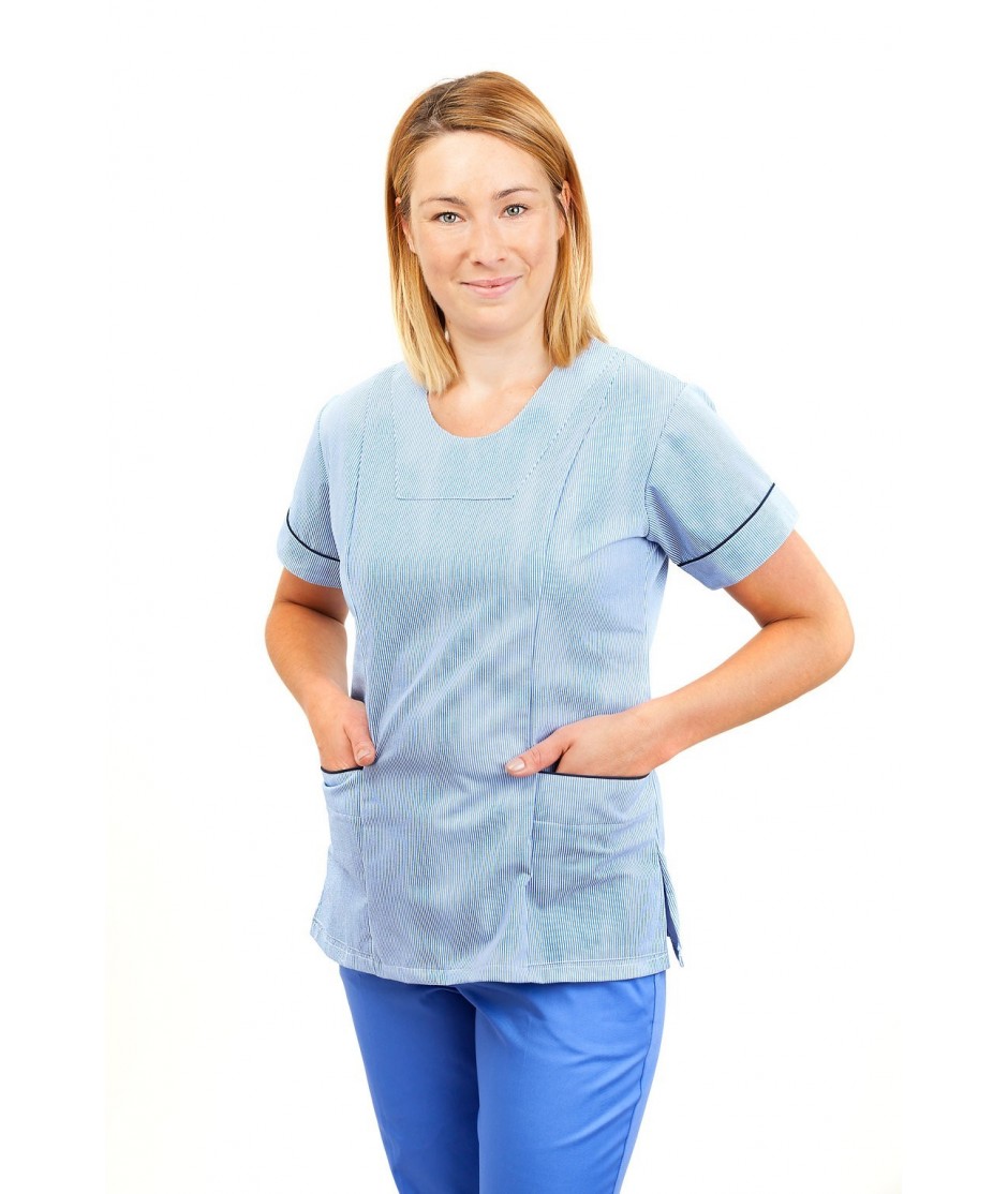 T04 Light Blue Pinstripe - Nurses Uniform Fitted Scrub Round Neck T04