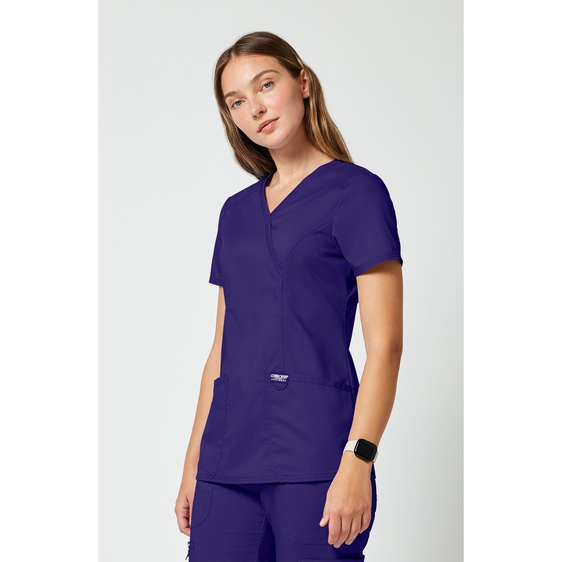 2-Way-Stretch Revolution Shaped 3-Pocket Mock Wrap Scrub Top- CHEROKEE WWE610 Grape