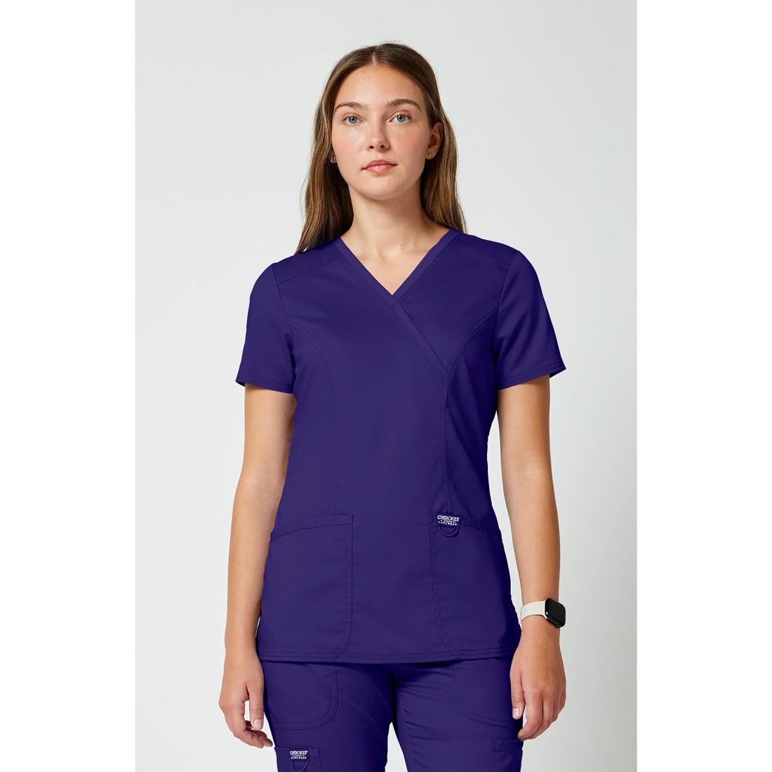 2-Way-Stretch Revolution Shaped 3-Pocket Mock Wrap Scrub Top- CHEROKEE WWE610 Grape
