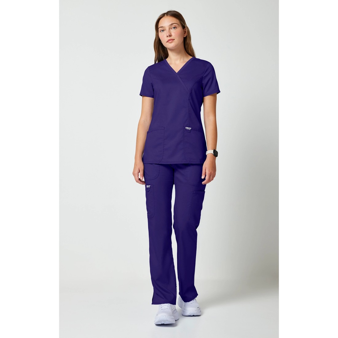 2-Way-Stretch Revolution Shaped 3-Pocket Mock Wrap Scrub Top- CHEROKEE WWE610 Grape