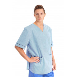 T21 : Nursing Uniforms Top V Neck Male Light Blue Pinstripe T21