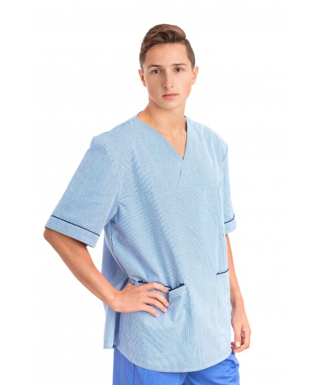 T21 : Nursing Uniforms Top V Neck Male Light Blue Pinstripe T21