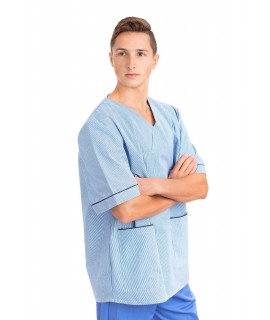 T21 : Nursing Uniforms Top V Neck Male Light Blue Pinstripe T21