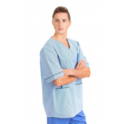 T21 : Nursing Uniforms Top V Neck Male Light Blue Pinstripe T21