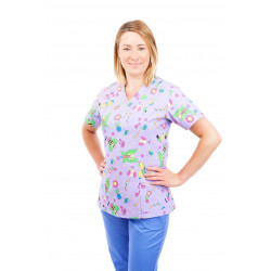 T05 Nursing Uniforms Fitted Scrub V Neck Fun Bug Lilac T05-FBL