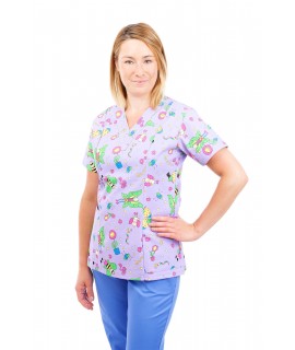 T05 Nursing Uniforms Fitted Scrub V Neck Fun Bug Lilac T05-FBL
