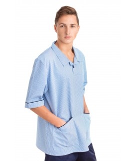 T22 : Nurses Top Revere Collar Male Light Blue Pinstripe T22