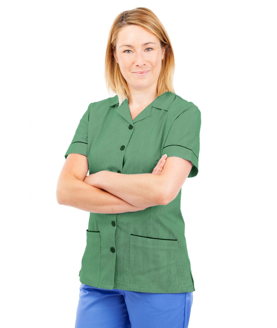 T01 Nurses Uniform Tunic Revere Collar Pinstripe Aqua Green and White T01-PAQ