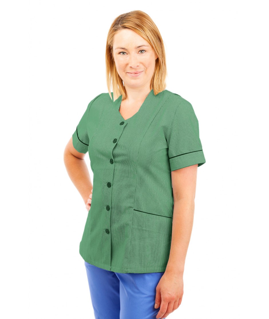 T03 Nurses Tunic Sweetheart Neckline Pinstripe Aqua Green and White T03-PAQ
