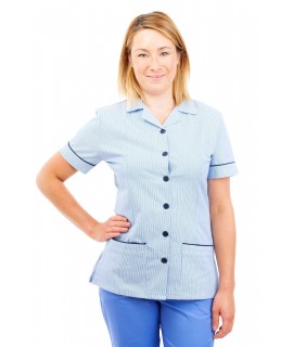 T01 Light Blue Pinstripe - Nurses Uniform Tunic Revere Collar T01