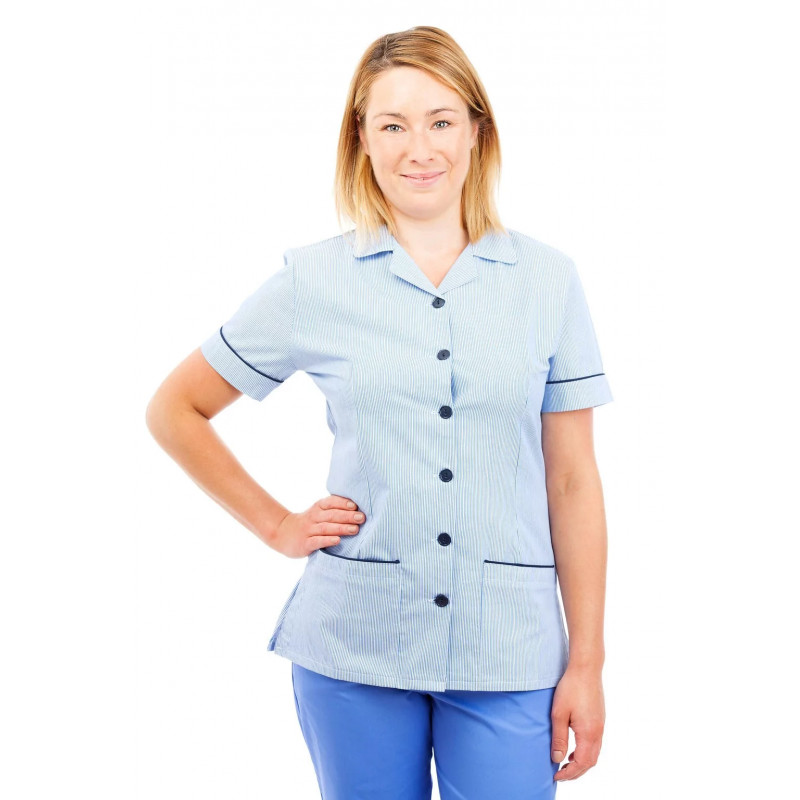 T01 Light Blue Pinstripe - Nurses Uniform Tunic Revere Collar T01