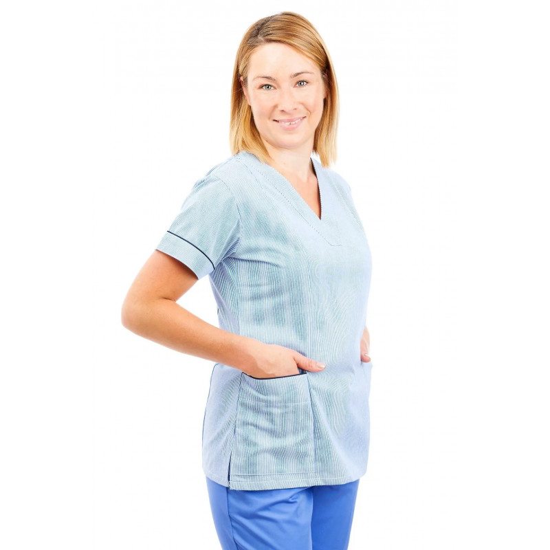 T05 Light Blue Pinstripe - Nursing Uniforms Fitted Scrub V Neck T05