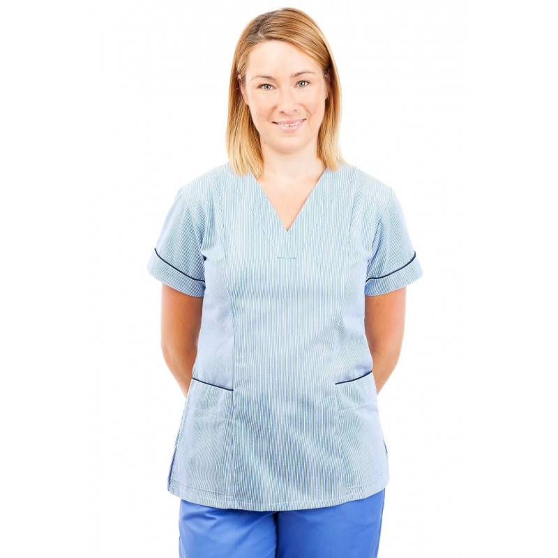 T05 Light Blue Pinstripe - Nursing Uniforms Fitted Scrub V Neck T05