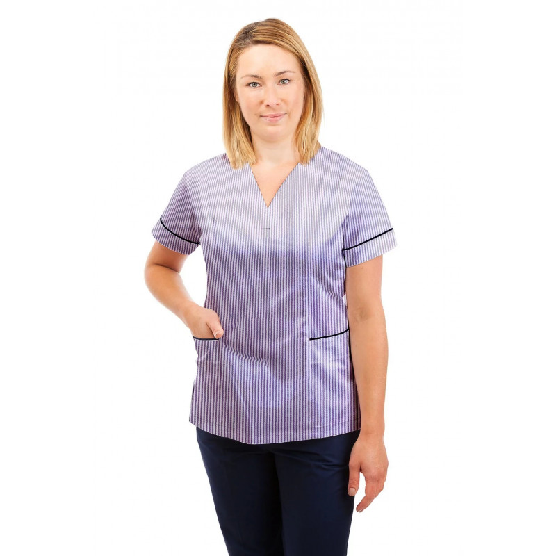 T05 Lilac and White Pinstripe - Nursing Uniforms Fitted Scrub V Neck T05