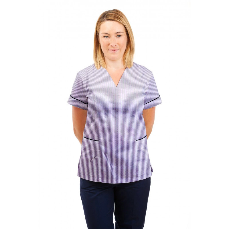 T05 Lilac and White Pinstripe - Nursing Uniforms Fitted Scrub V Neck T05