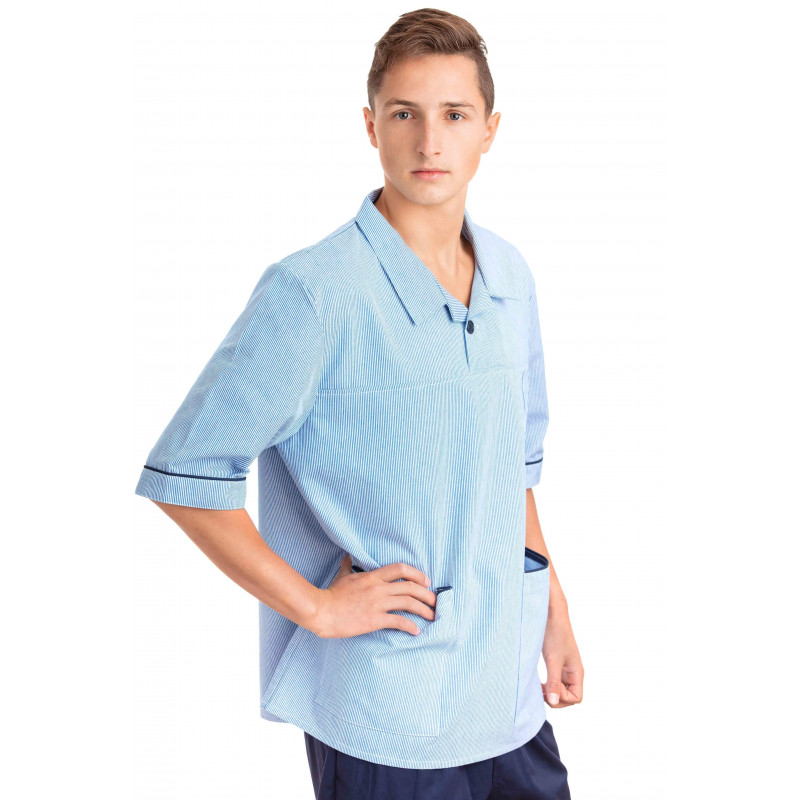 T22 : Nurses Top Revere Collar Male Light Blue Pinstripe T22